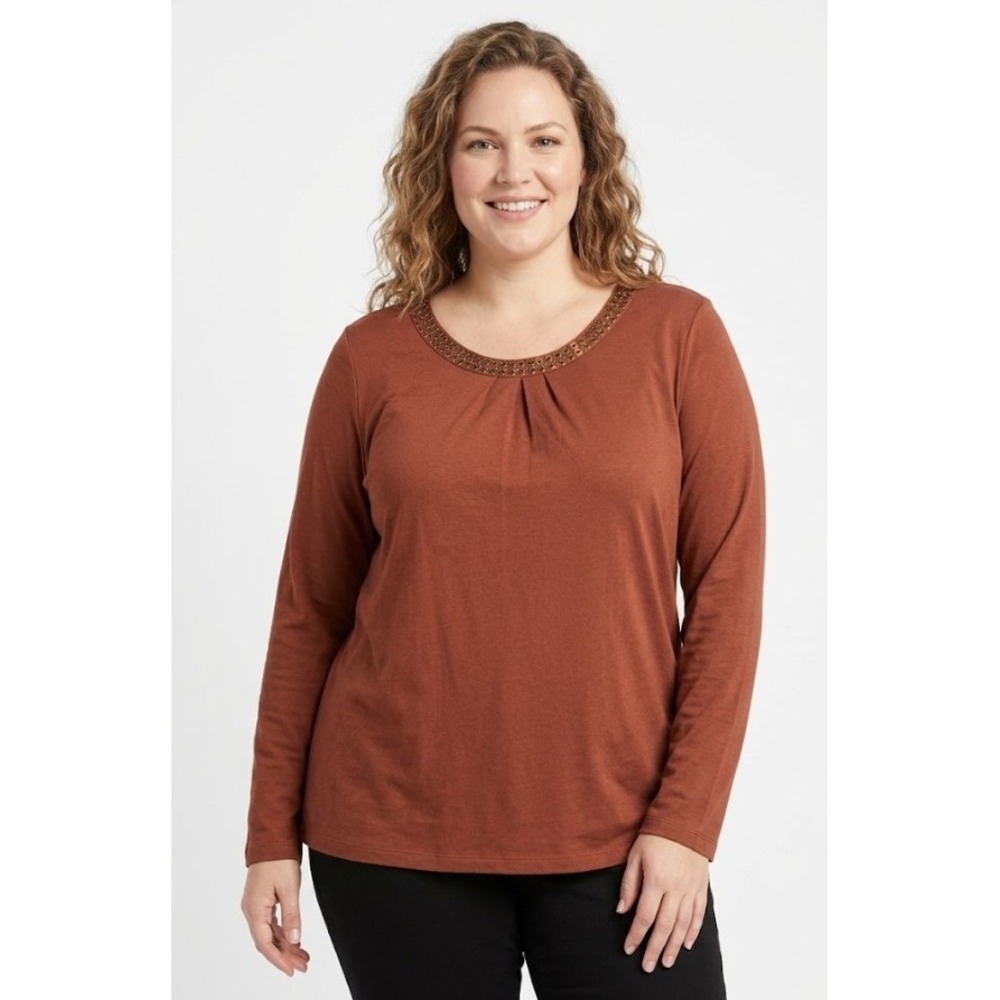 New Christopher & Banks Top XL Rust Brown Embellished Neck Stretch Cotton
